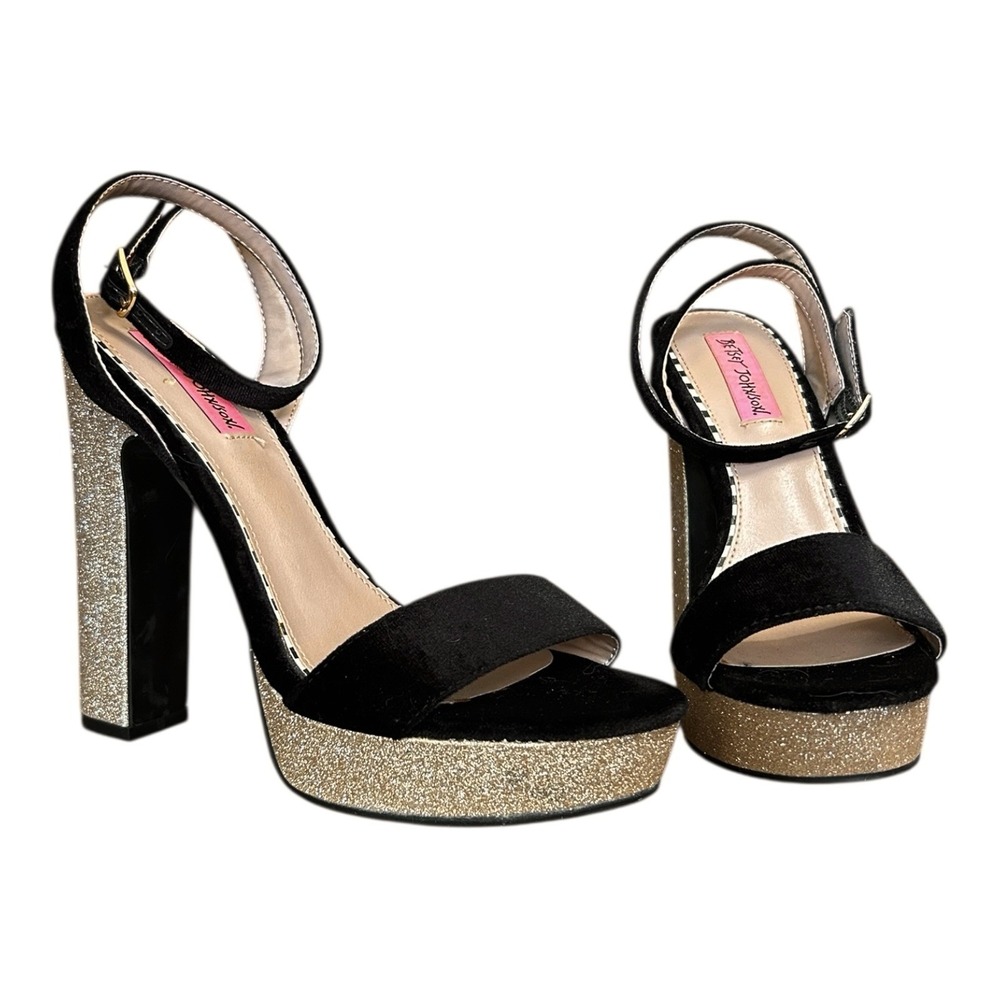 BETSEY JOHNSON Mattie Heels sz 7.5 Black Velvet Gold Glitter Cocktail Party Glam
